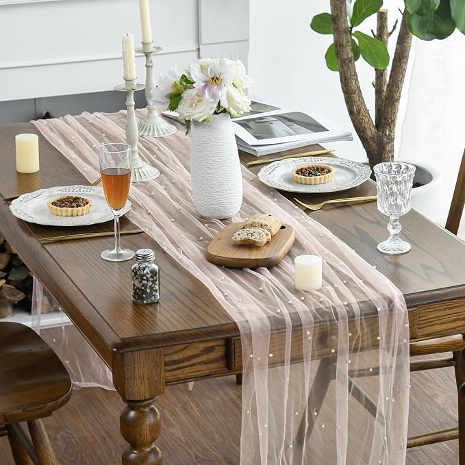 Artoid Mode 3PCS Pearl Pink Gauze Table Runner 120 Inch 10FT, Seasonal Sheer Dining Holiday Wedding Birthday Baby Shower Table Decor for Home Party