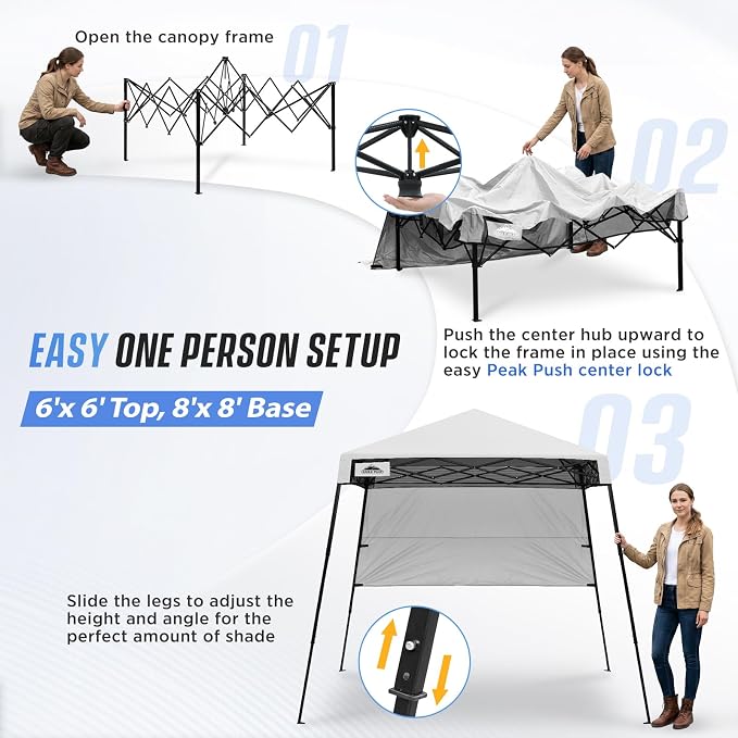 EAGLE PEAK 8x8 Pop Up Canopy Tent with Sidewall, Compact, Portable Slant Leg Instant Sun Shelter for Beach, Sports, & Camping, 8x8 Base 6x6 Top, White