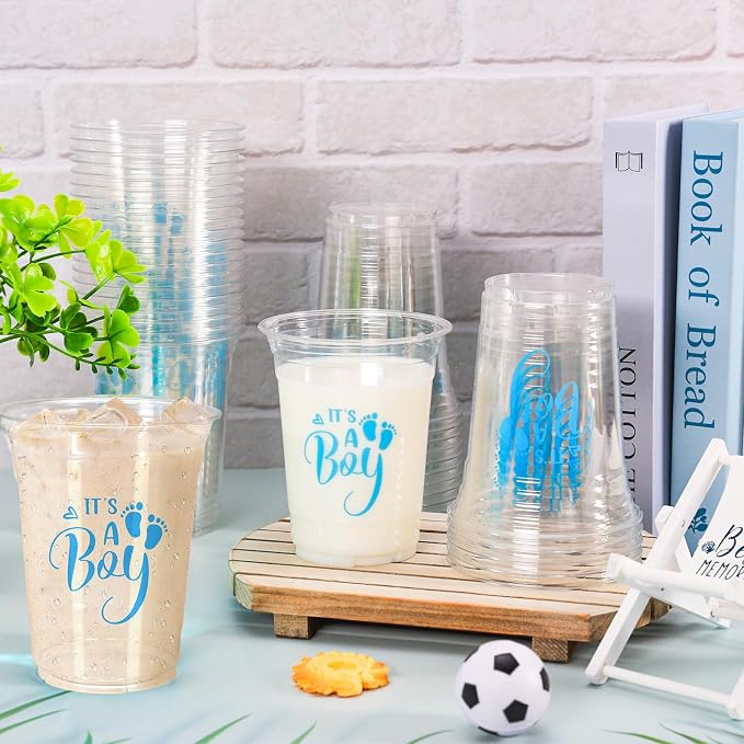 Whaline 50 Pcs Baby Shower Plastic Cups 16oz It's A Boy Clear Drinking Cup Blue Boy Gender Reveal Disposable Cups for Birthday Party Table Decoration Supplies
