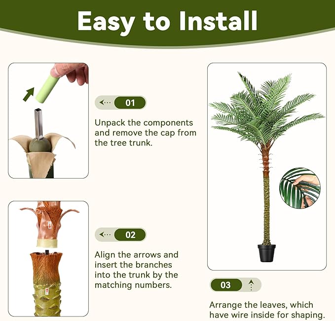 Jocoevol Fake Palm Tree, 8ft Artificial Phoenix Palm Tree Tall Tropical Tree with Adjustable Leaves & Planter, Outdoor Indoor Faux Trees for Living Room/Patio/Poolside/Yard Decor