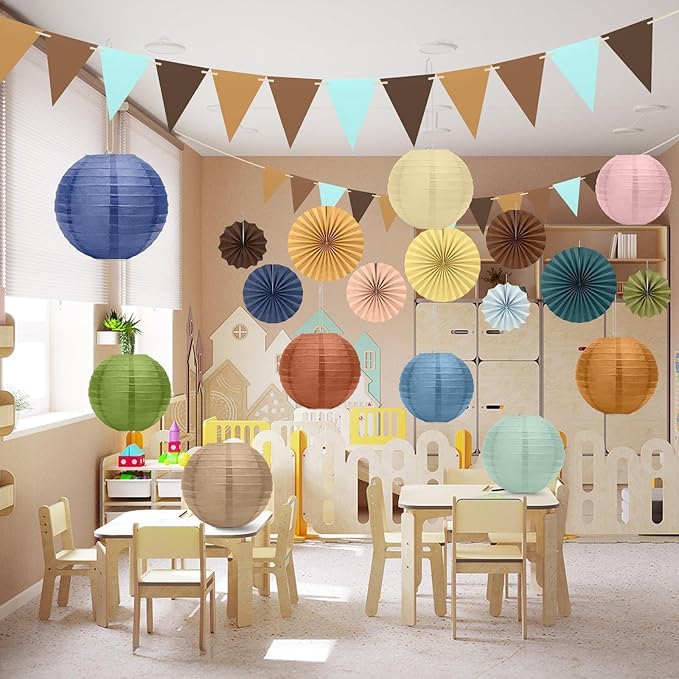 EEEKit 20 PCS Hanging Paper Fans for Birthdays, Boho Party Fan Decorations Set with Lanterns and Flags for Christmas, Wedding Decor