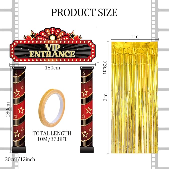 Peryiter 5 Pcs Casino VIP Entrance Movie Night Party Decorations Film Theme Door Banners Gold Black Tinsel Curtains, Double Sided Tape for Las Vegas Party Decorations Movie Night Film Supplies