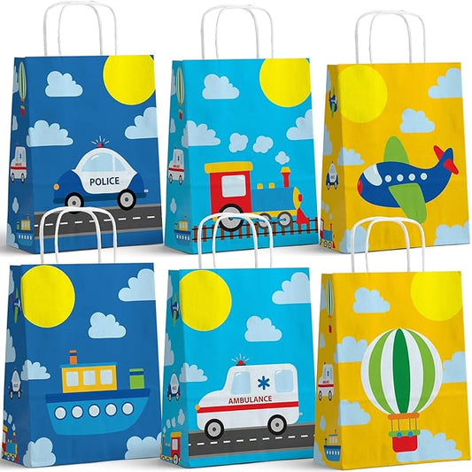 HaPiBiDesign Transportation Party Favor Bags, 24 Pack Transportation Goodie Bags with Handles, Vehicle Gift Bags, Transportation Treat Bags for Kids Birthday Party, Car Plane Train Party Supplies