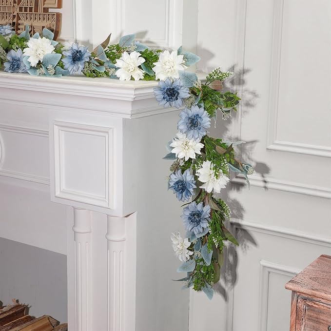 Giegxin 2 Pack 6 ft Artificial Flower Garland with Dahlias and Eucalyptus Blue White Flower Fake Wisteria Vines Summer Greenery Garland for Wedding Mantle Porch Stair Table Indoor Decor