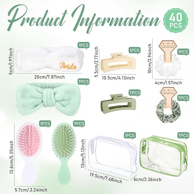 40 Pcs Bachelorette Favor Set Include Headband Scrunchies Hair Claw Clips Hairbrush and Makeup Bag for Bridal Shower Party Gifts Bridesmaid Wedding Supplies (White and Green)