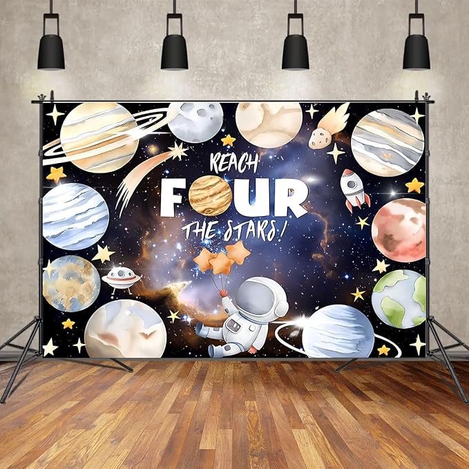 Reach Four The Stars Space Theme Children Birthday Background 4th Birthday Party Kids Astronaut Themed Birthday Party Decoration Boy Girl Birthday Party Photography Decorations Banner (8X6FT)