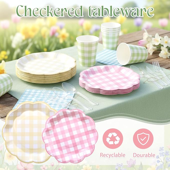 FillTouch 50 Sets Spring Pastel Gingham Disposable Tableware Pink Yellow Paper Plates Green Cups Blue Napkins Clear Knives Forks Spoons for Birthday Baby Shower Wedding Party Decoration
