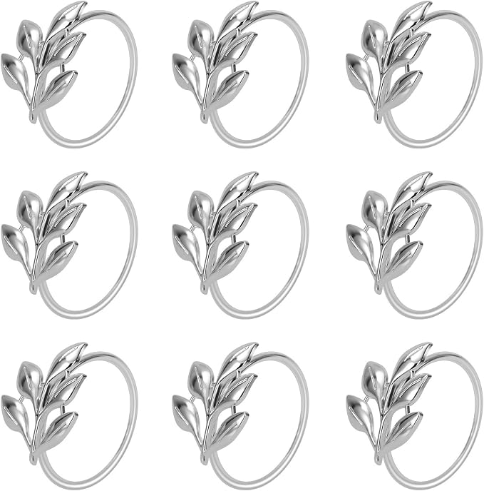 KPOSIYA Set of 12 Leaf Napkin Rings Metal Gold Napkin Holder Table Napkin Rings for Thanksgiving Day Christmas Dinning Table Parties Everyday (Ye Zi-Silver 12)