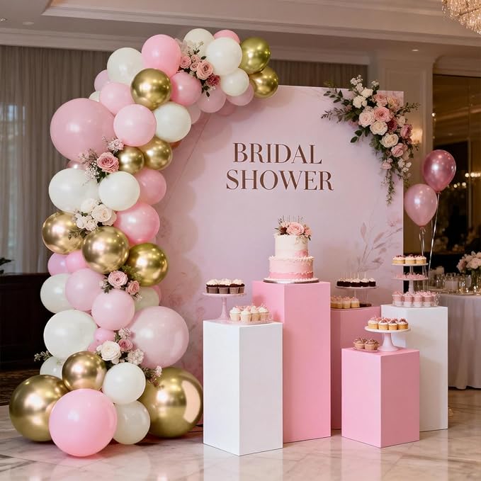 Pink White Gold Balloons Arch Kit - 119 PCs Double Stuffed Pearl White Pastel Light Pale Pink Champagne Gold Balloons for Wedding Bridal Shower Birthday Party Decorations for Girls Women