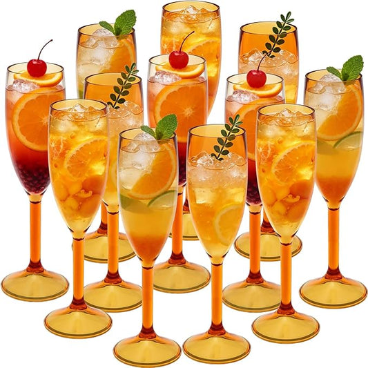 12 Pcs Champagne Flutes 5.4OZ Plastic Champagne Glasses Wine Glasses Plastic Goblets for Parties Mimosa Bar Glasses Stemmed Drinking Cups for Wedding Celebration Christmas Birthday Bride (Clear Amber)