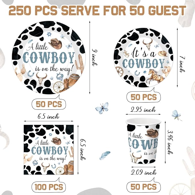 Pickmesh 250 Pcs Cowboy Baby Shower a Little Cowboy Is on the Way Party Decorations Wild Western Theme Disposable Plates Napkins Cups for Baby Shower Party Supplies Serve 50