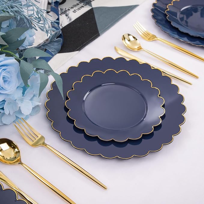 LIYH 60 Pcs Navy Blue Plastic Scalloped Plates with Gold Rim, Blue and Gold Disposable Patriotic Plates for Party Included 30 Dinner Plate 10.25 30 Dessert Plate 7.5 Inch for Party