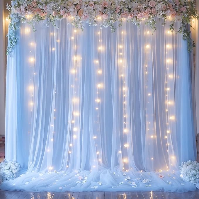 10×15ft Baby Blue Sheer Tulle Backdrop Curtains with Lights String for Parties Baby Shower Decorations for Boy Bridal Shower Birthday Party Photo Shoot Background Wall Decorations 2 Panels 5×15ft