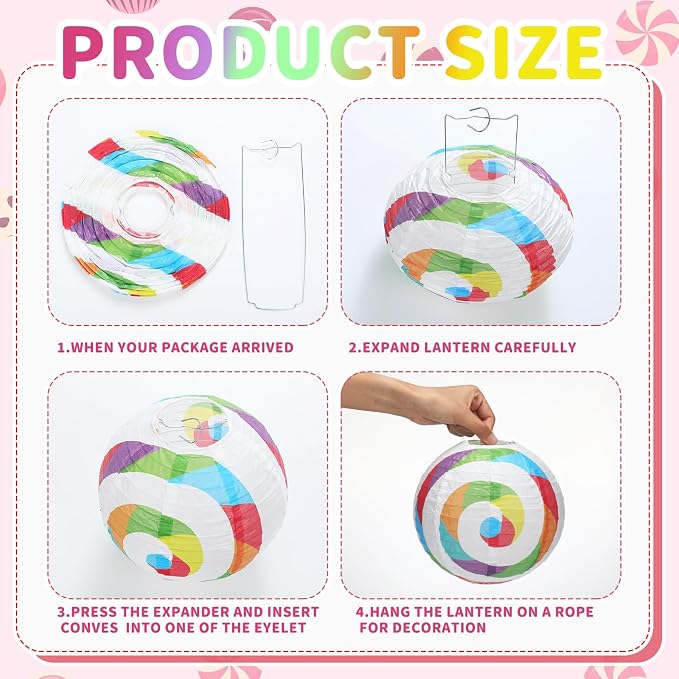Tuanse 12 Pcs Candy Christmas Decorations 8 Inch Colorful Paper Lanterns Candy Party Decorations for Candyland Themed Hanging Ornaments DIY Ornaments for Holiday Xmas Birthday Indoor Outdoor Decor