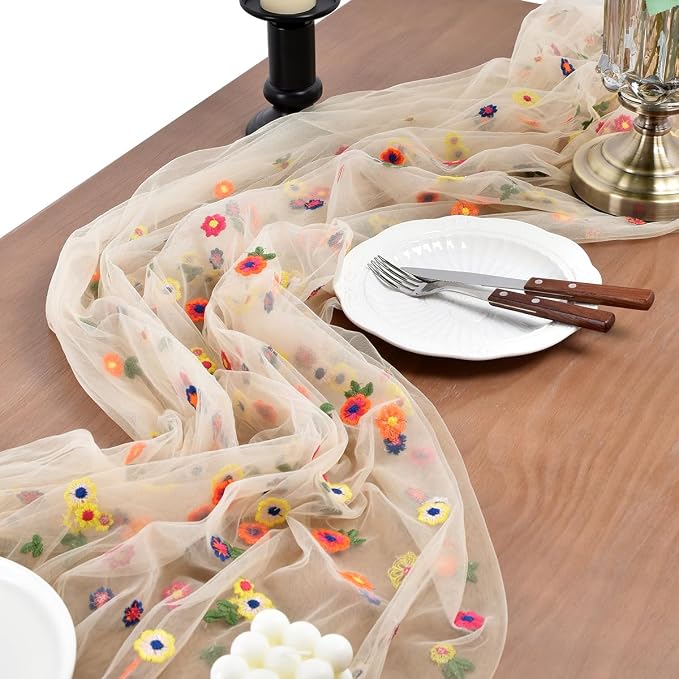 Joanlody 6pcs Champagne Summer Flower Table Runner 10ft Embroidery Daisy Floral Seasonal Tulle Table Runner for Home Garden Tea Party Holiday Birthday Decoration