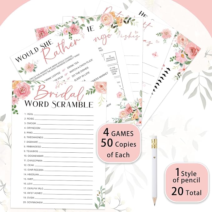 Silipull Bridal Shower Games Set for 50 Guests Includes Bingo, He Said She Said, Scramble, Would She Rather, Advice and Wishes Wedding Games Double Sided with Wooden Box, 20 Pencils(Floral)
