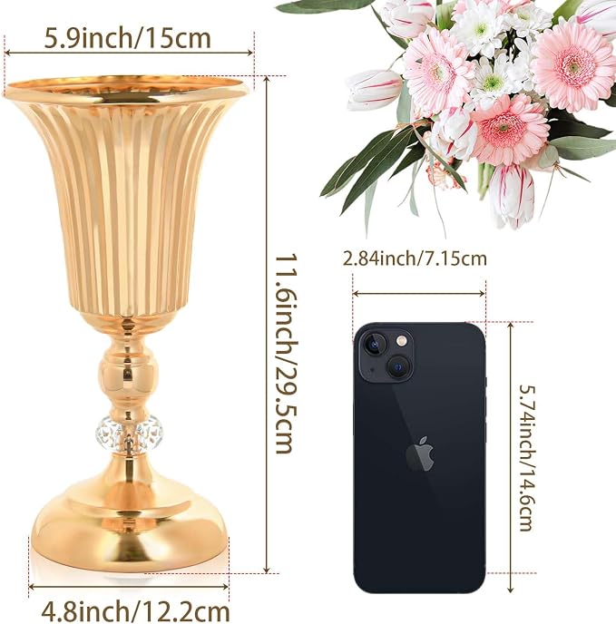 11.6 inches Metal Wedding Flower Trumpet Stripe Vases Table Centerpieces for Artificial Flower Arrangements for Anniversary Celebration/Wedding/Party/Birthday Event Aisle Home Decor (Gold, 6pcs)
