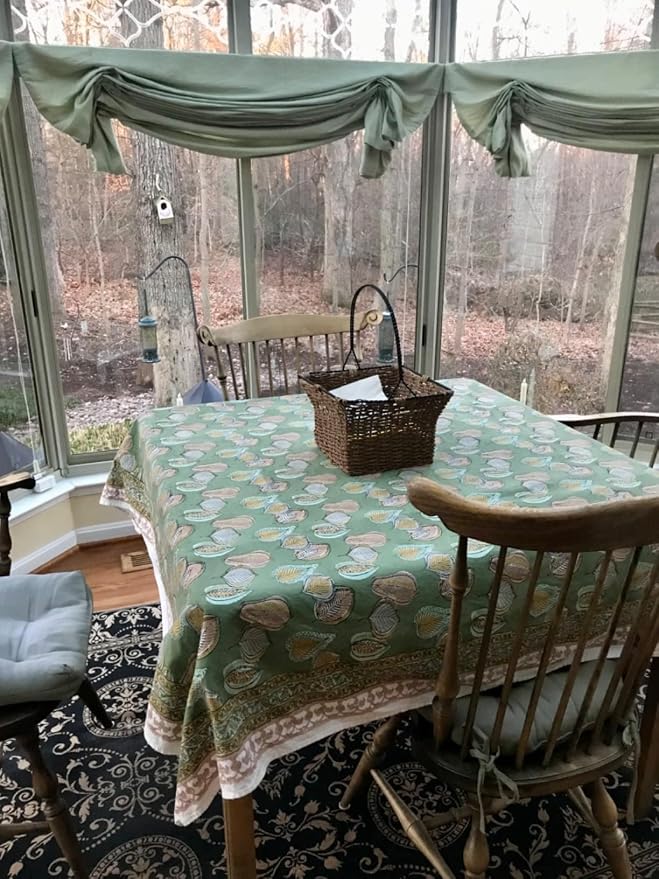 Ridhi Peppermint Green Hand Block Print Cotton Rectangle Tablecloth 190" x 72" inches Reusable Table Cover Decorative Everyday Use for Dining Room, Farmhouse, Home Gift for Spring, Mother's Day