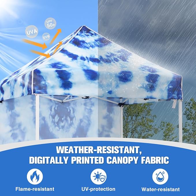 EAGLE PEAK Pop up Canopy 5x5, Outdoor Portable Canopy Tent with One Removable Sunwall, Carry Bag Included, Tie Dye Blue