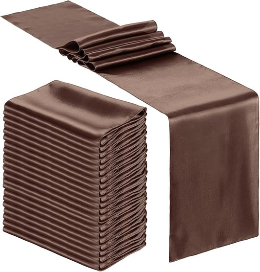 Bencailor 24 Pcs Brown Satin Table Runner Bulk 12 x 108 Inches Long Table Runners Bright Smooth Fabric Tablecloth for Wedding Banquet Birthday Spring Graduation Party Decorations