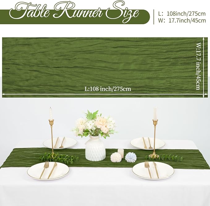 20 Pack Cheesecloth Table Runner 17 x 108 inch Long Boho Gauze Table Runners Semi Sheer Table Runner for Wedding Decor, Baby Shower, Birthday Party, Banquet (Olive Green)
