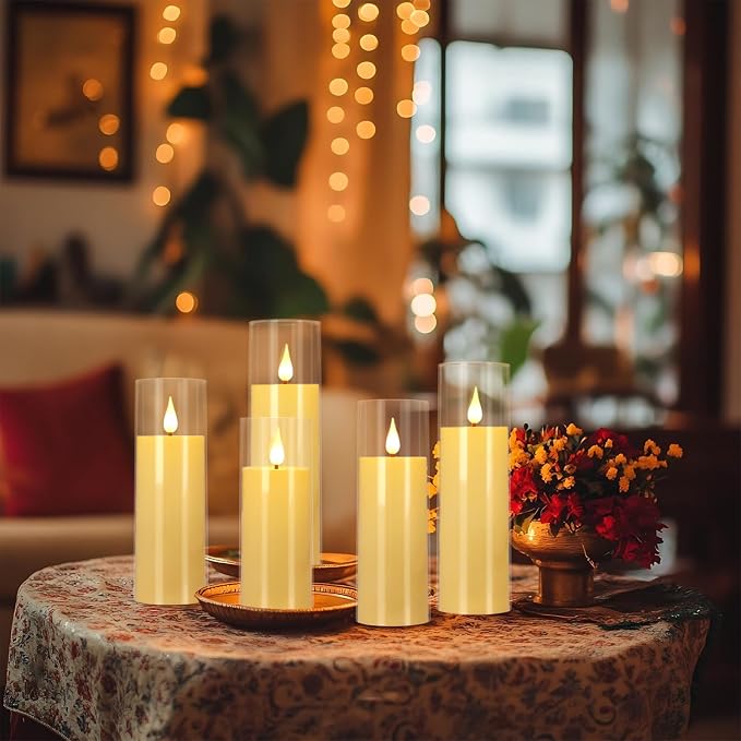 YOROXRG Flickering Flameless Candles Battery Operated with Remote,Led Pillar Candles with Realistic Moving Wick Candles for Halloween,Christmas,Home Decor Pack of 24 (D2.2 xH 5" 6" 7")(Ivory)