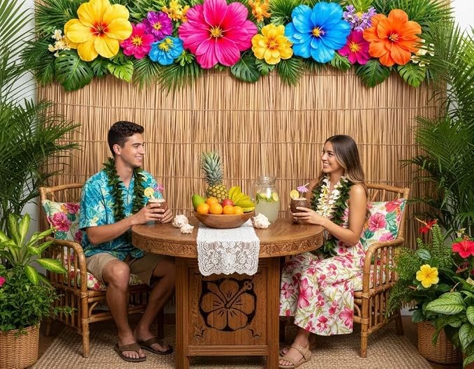 10x8ft Tropical Hawaiian Reed Backdrop, Summer Beach Hibiscus Flower Luau Party Vinyl Photograph Background with Palm Leaves for Aloha Bar Decor, Photoshoot, Birthday Party Supplies
