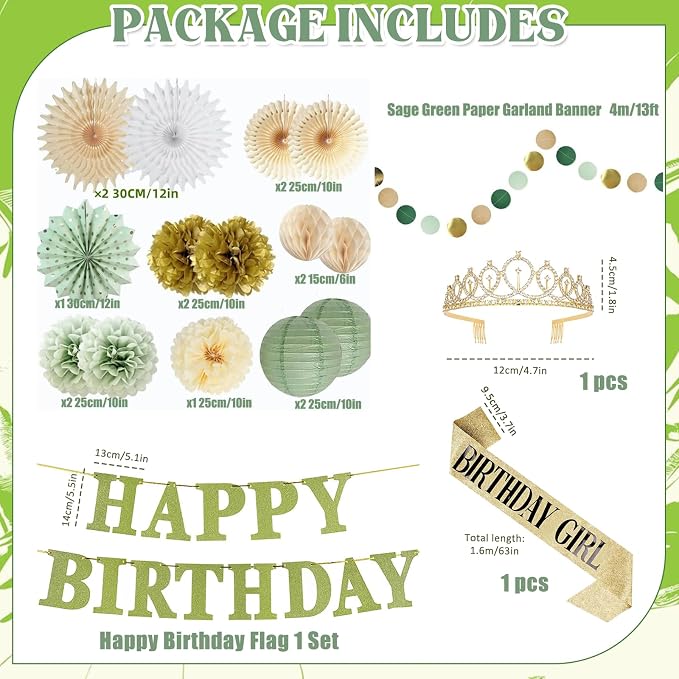 Sage Green Birthday Party Decorations Kit, Paper Fans, Pom Poms, Lanterns, Garland, Happy Birthday Banner, Crown & Birthday Girl Sash