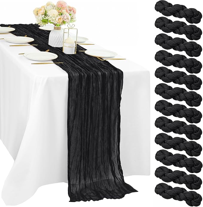 Black 12 Pcs Cheesecloth Table Runner 10FT Gauze Fabric Boho Cheese Cloth Table Runner Decoration Rustic Semi Sheer Runner for Wedding Birthday Baby Bridal Shower Party Table (35 x 120 Inches Long)