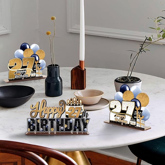 LINGTEER Happy 27th Birthday Gold Acrylic Table Topper Centerpieces Set - Cheers to 27 Years Old Birthday 27th Bday Party Gift Decorations.
