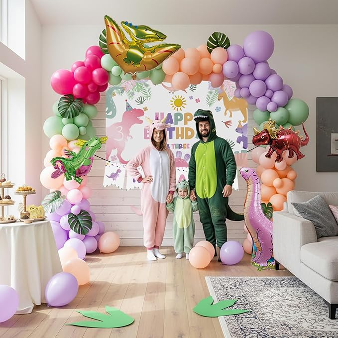 Three-Rex Cute Dinosaur theme birthday party Decorations with Pink Green balloon and dino foil balloon & footprint sticker & ROAR Banner Backdrop & Artificial Palm Leaves for Girls 3rd birthday