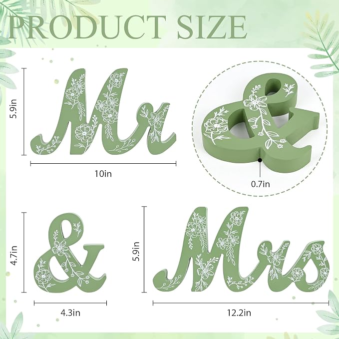 Mr & Mrs Sign for Wedding Table Sage Green Floral Wedding Decorations for Reception Rustic Wooden Freestanding Letters Table Centerpieces Wooden Photo Booth Props for Wedding Bridal Anniversary Supplies