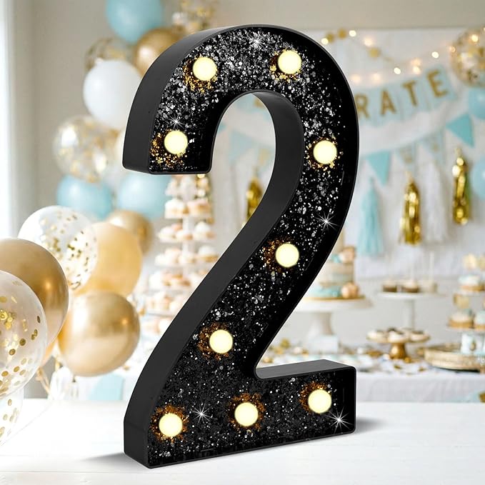 12.6 Inch LED Black Marquee Light Up Numbers, 2nd Birthday Decorations Number Lights as Gifts for Girls Boys, Glitter Lighted Marquee Numbers for Black Anniversary Party Table Decor, 2