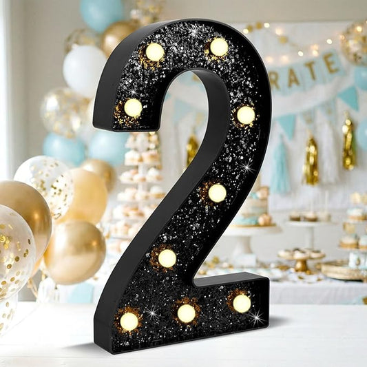 12.6 Inch LED Black Marquee Light Up Numbers, 2nd Birthday Decorations Number Lights as Gifts for Girls Boys, Glitter Lighted Marquee Numbers for Black Anniversary Party Table Decor, 2