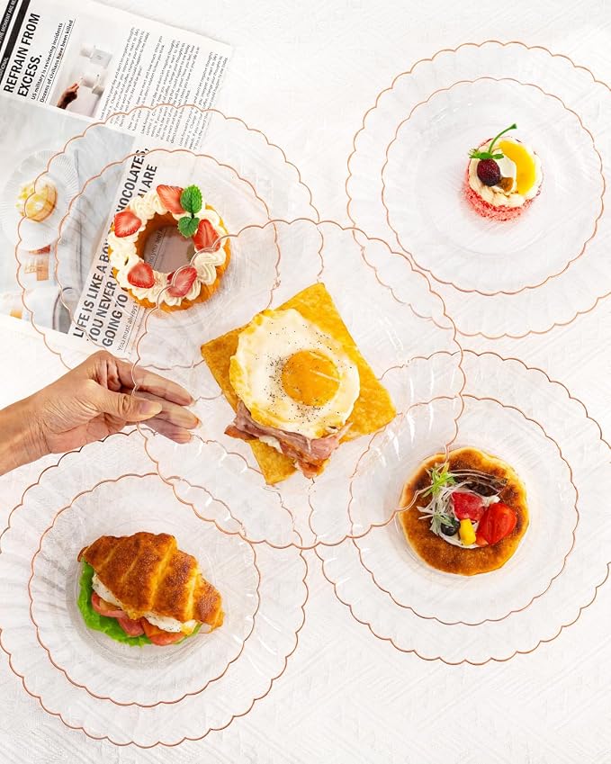 YOUBET 100PCS Rose Gold Plastic Plates - Heavy Duty Scalloped Disposable Plates Include 50 Dinner Plate, 50 Dessert Plate for Wedding & Baby Shower & Party