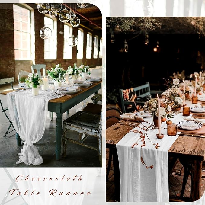 White Cheesecloth Table Runner 10FT Runner for Tables Gauze Fabric Boho Cheese Cloth Table Runner Decoration Rustic Semi Sheer Runner for Wedding Birthday Holiday Bridal Shower Party (White)