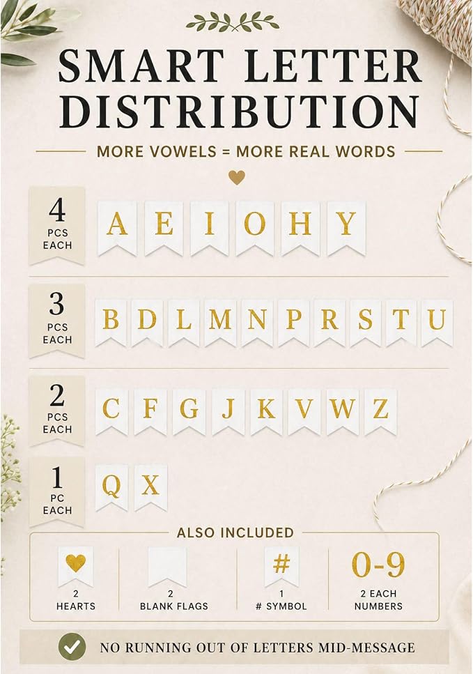 Pre-Printed Banner Kit – 97 White CANVAS Flags with GOLD Letters, Numbers & Symbols, Reusable DIY Custom Banner, Make Your Own Personalized Party Banner, Faux Burlap, Includes Twine & 2 Needles