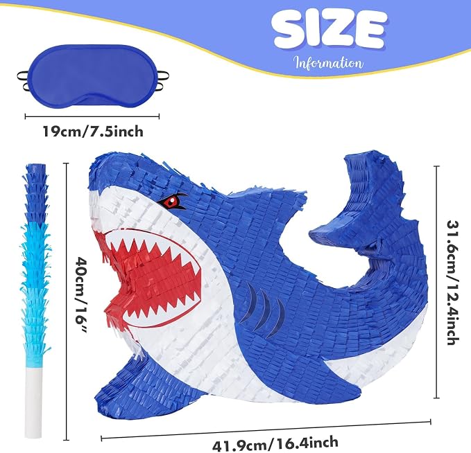 WERNNSAI Shark Piñata - Ocean Shark Birthday Party Decorations Kids Boys Piñata with Blindfold and Bat for Under the Sea Party Supplies Baby Shower Birthday Game Set