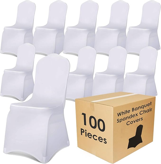 Craft And Party 100 Pack White Spandex Chair Covers – Stretch Polyester Slipcovers for Wedding, Banquet, Party & Dining Chairs – Flat Front Design, Universal Fit