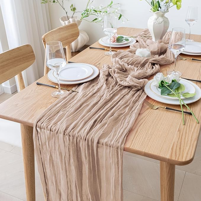3PCS Table Runner Cheesecloth 10FT Nude Pink Boho Gauze Cheese Cloth Rustic Sheer Table Runners for Wedding Birthday Bridal Baby Shower Party Decoration