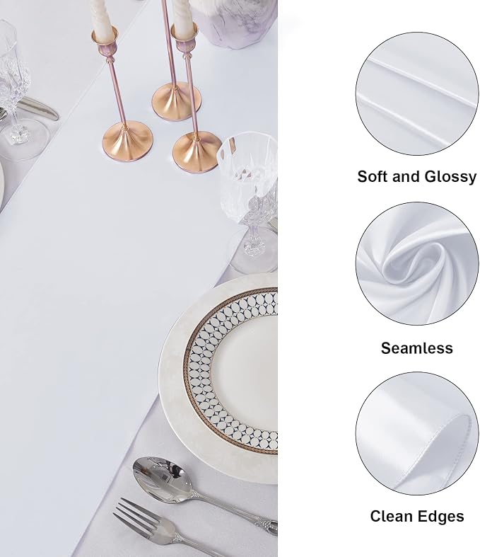 6Pack Table Runner 12 x 108 Inches Satin Silk Table Runner for Wedding, Birthday Party, Banquets, Graduations Decoration, fit Rectange and Round Table-White