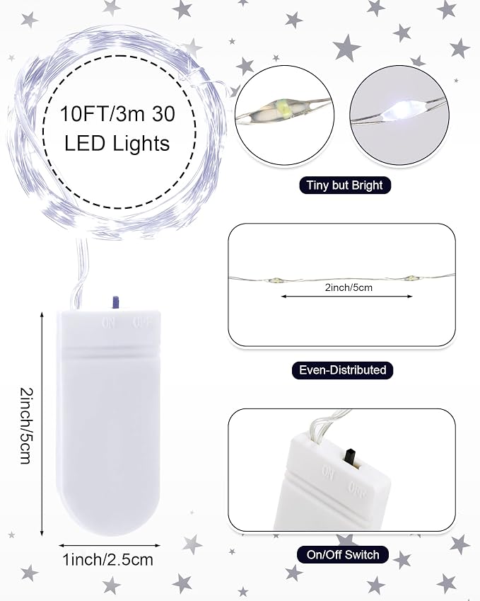 Riakrum 25 Pcs 10 ft 30 LEDs Fairy Lights Battery Operated Bulk, White Wedding Waterproof Tiny Small Twinkle LED String Lights for Jar Starry for DIY Birthday Party Favor for Vase Centerpieces