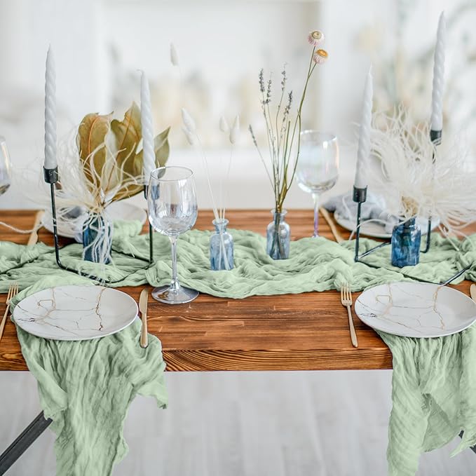 Cheesecloth Table Runner 6 Pack – 35x120 Inch (10ft) Boho Rustic Gauze Cloth Runners – Crinkle Polyester Table Decor for Wedding, Baby Shower, Bridal Shower, Birthday Party and More (Sage Green)