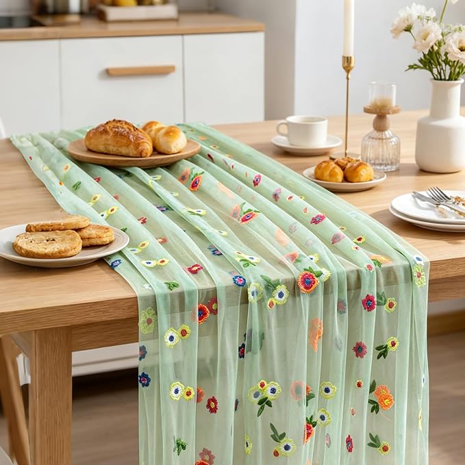 BINBE 3pcs Daisy Spring Table Runner Embroidery Gauze 10FT Florals Seasonal Tulle Holiday Birthday Kitchen Dining Table Decor for Home Party Sage Green