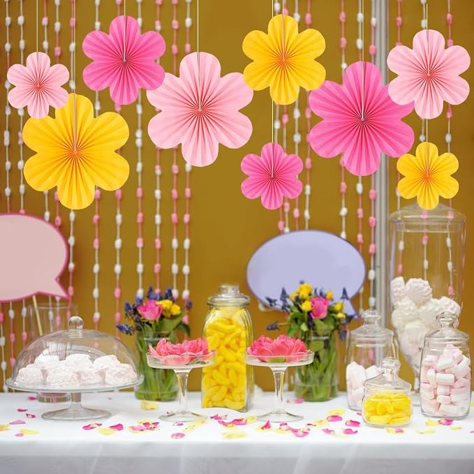 DODOKIM Paper Fans Party Decorations Paper Flowers Decorations for Wall Floral Backdrop Classroom Baby Shower Birthday Party Flower Wall Decor Pack of 9 Pink Yellow