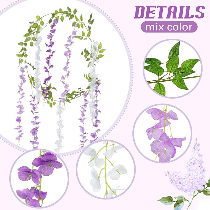 Thiccywoov 4pcs Wisteria Artificial Flowers Garland, 7.2Ft/Piece Wisteria Hanging Flowers Garland for Wedding Arch Decoration Outdoor Ceremony Home Backdrop Garden (Light Purple,Dark Purple,White)