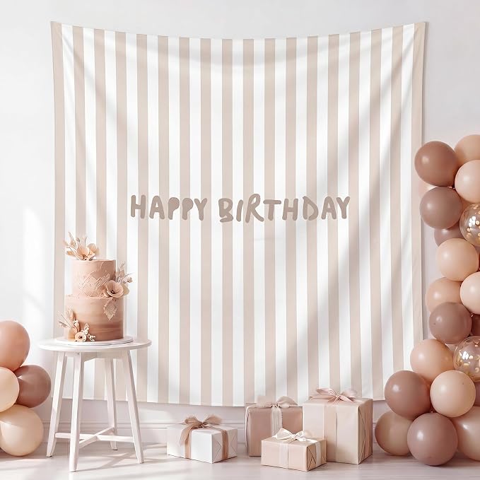 Flutesan 7x5ft Beige Stripe Happy Birthday Backdrop Large Banner Fabric Tapestry Birthday Party Decoration Baby Shower Linen Rustic Background Wall Photo Props Indoor Outdoor