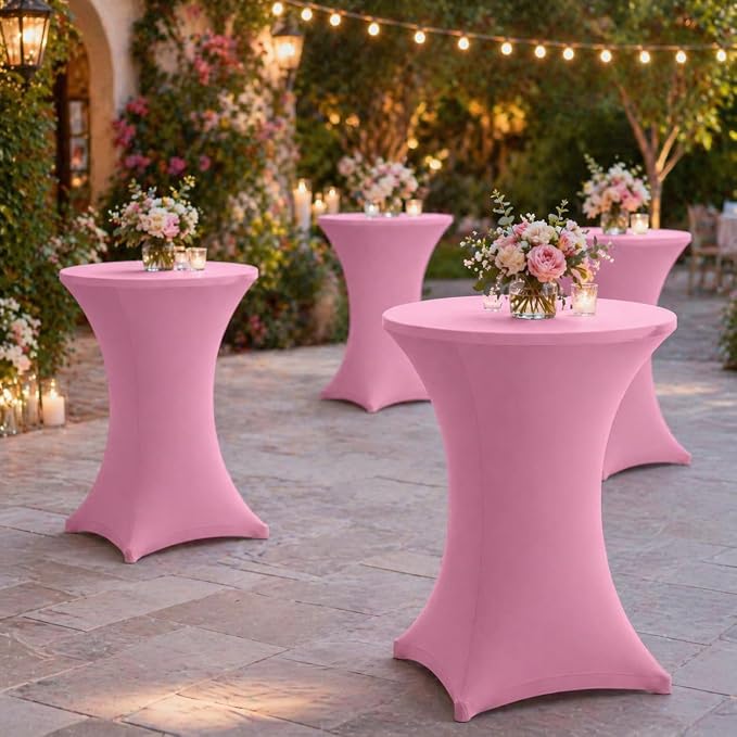 Cocktail Table Covers - 6 Pack 32x43 Inch Table Cloth - Pink Fitted Stretch Spandex Round High Top Tablecloth for Party, Bar, Birthday, Pub, Banquet