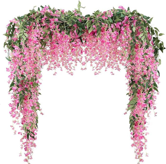 Veryhome 3Pcs 7.2Ft/Piece Artificial Flowers Wisteria Garland Artificial Wisteria Vine Hanging Flower Greenery Garland for Home Garden Outdoor Wedding Arch Floral Decor (Fuchsia)