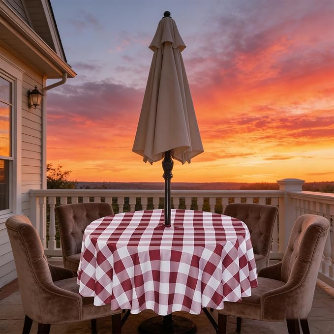 Poise3EHome Round Outdoor Tablecloth with Umbrella Hole and Zipper,Burgundy Gingham 60 Inch,SpillProof Washable Table Cloth for Spring Summer Patio Garden Poolside Picnic Camping BBQS